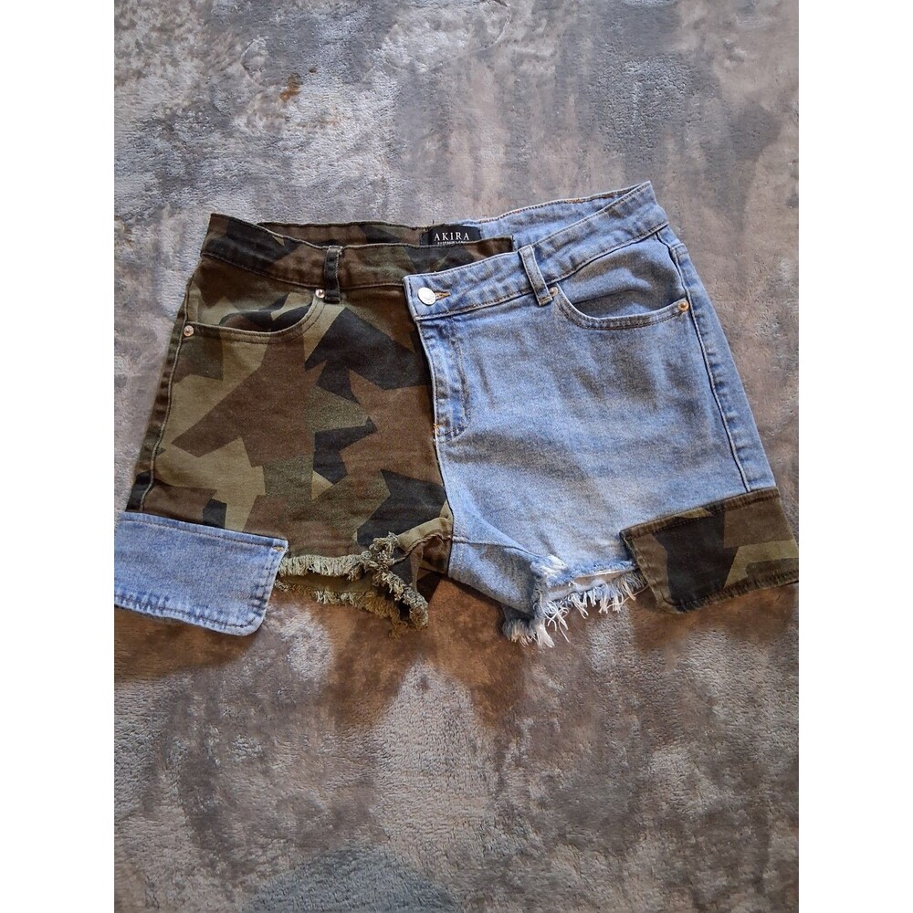 Akira Dark Wash High Waisted Distressed Camouflage Jean Shorts Size XL